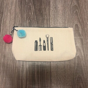 Macys Canvas Make Up Print Cosmetic Pouch Case With Pom Poms
